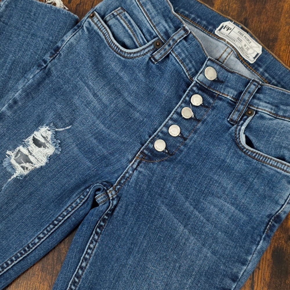 Free People High Rise‎ Skinny Jeans Womens 25 Blue Distressed Button Fly Raw Hem